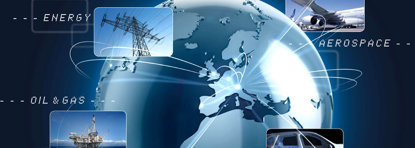 world globe with images highlighting the following industries: energy, aerospace, oil & gas, and automotive